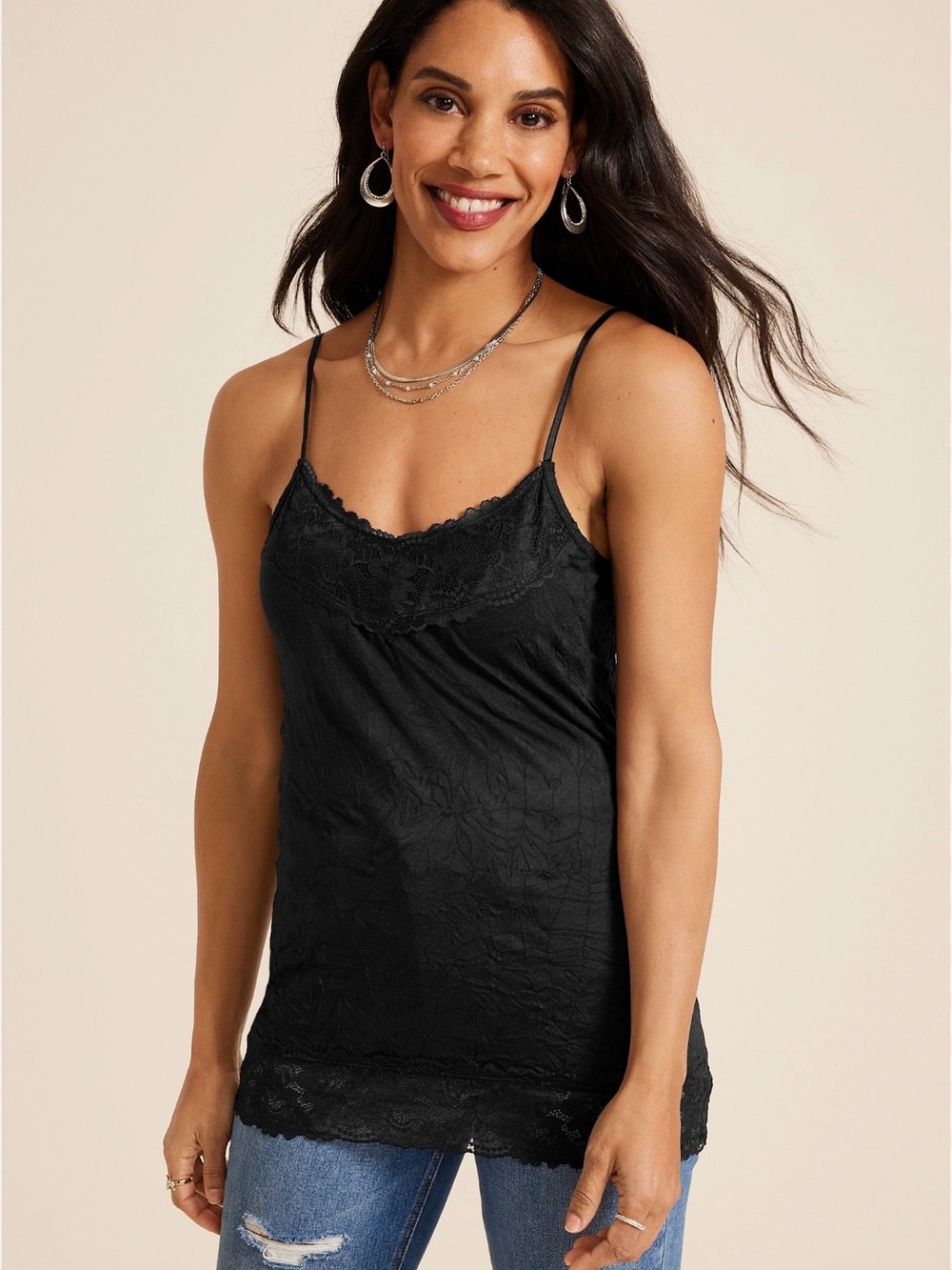 NWT Maurices Womens Black Y2K Lace Trim Crinkle Cami Top Size Small